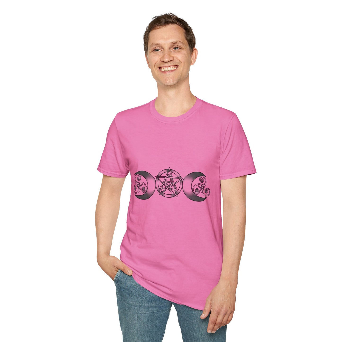 Triple Moon-Triquetra-Pentacle-Triskele Unisex Softstyle T-Shirt XS-5XL