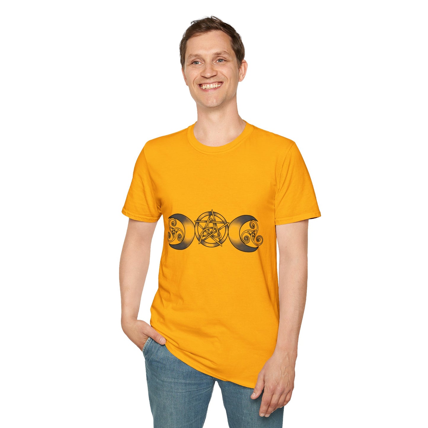 Triple Moon-Triquetra-Pentacle-Triskele Unisex Softstyle T-Shirt XS-5XL
