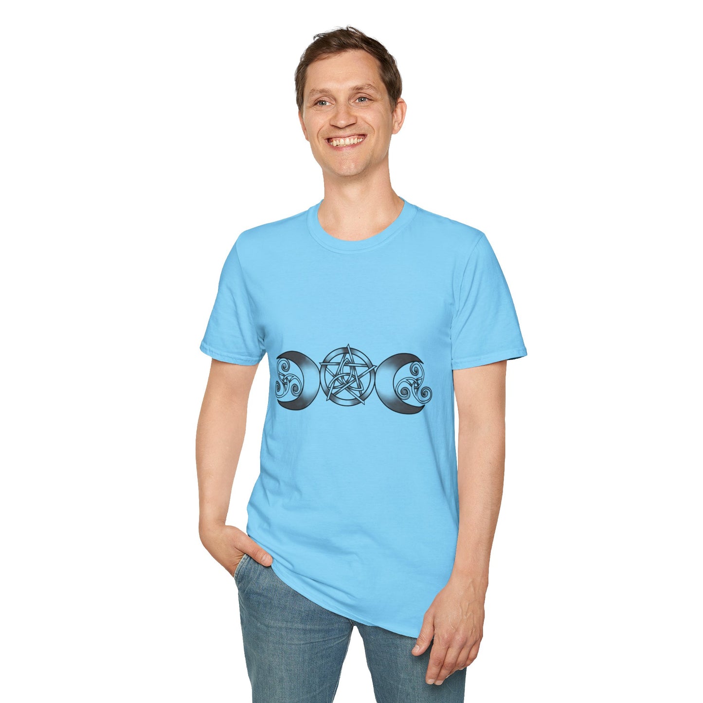 Triple Moon-Triquetra-Pentacle-Triskele Unisex Softstyle T-Shirt XS-5XL