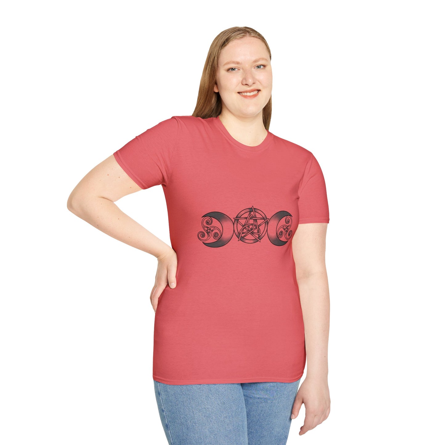 Triple Moon-Triquetra-Pentacle-Triskele Unisex Softstyle T-Shirt XS-5XL