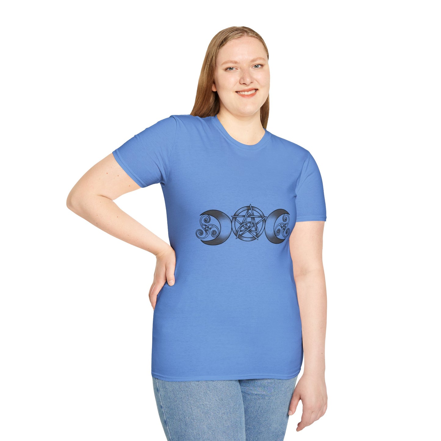 Triple Moon-Triquetra-Pentacle-Triskele Unisex Softstyle T-Shirt XS-5XL