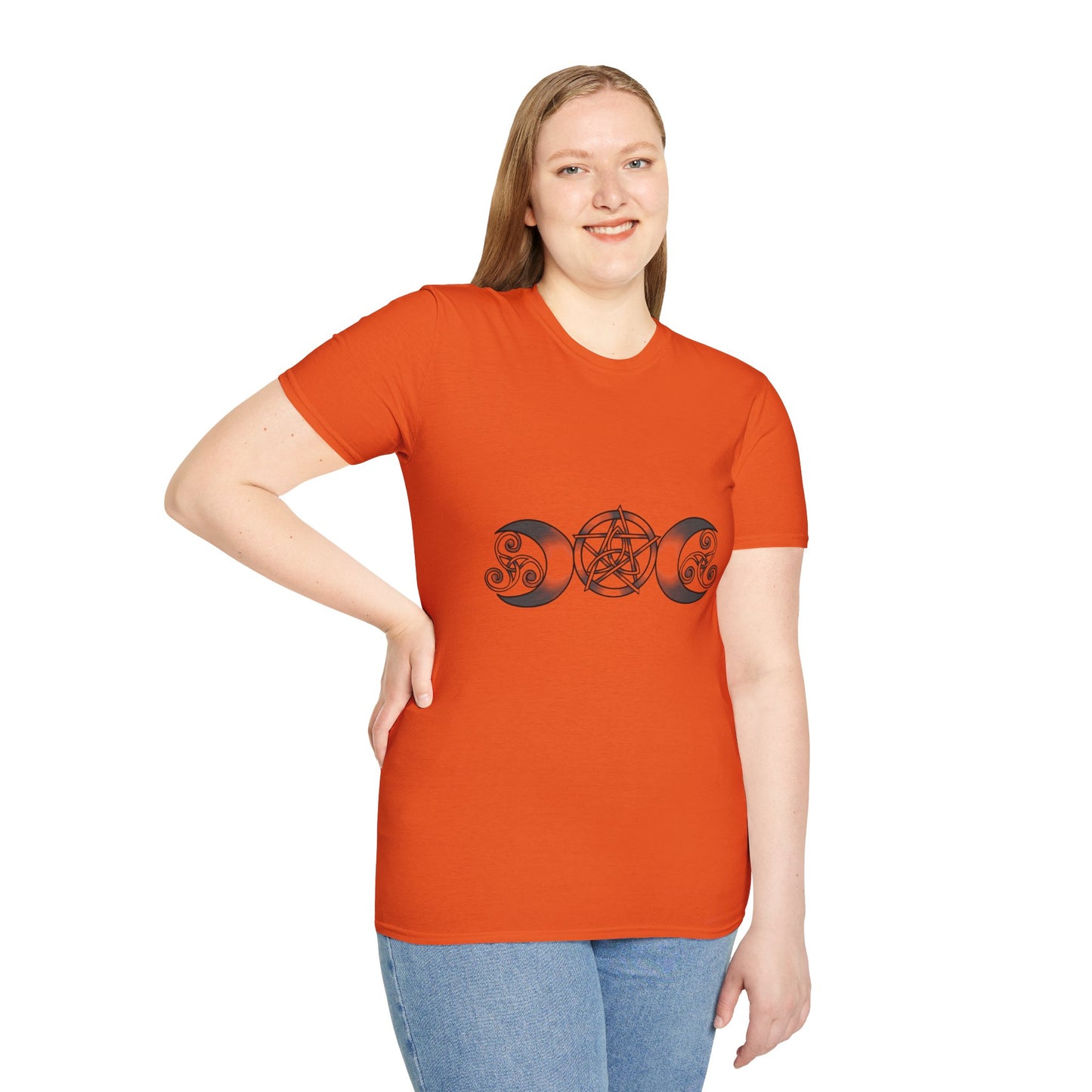 Triple Moon-Triquetra-Pentacle-Triskele Unisex Softstyle T-Shirt XS-5XL