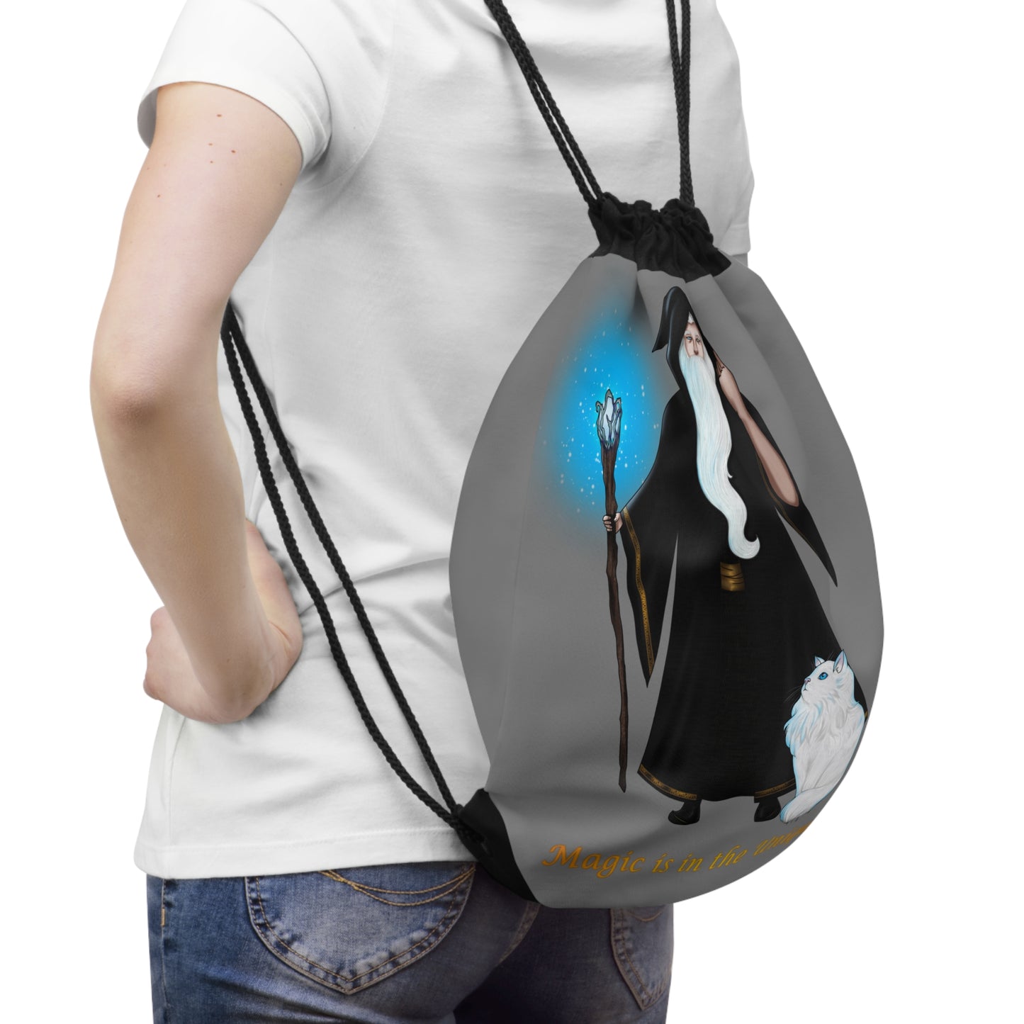 Magic in the Unique Wizard/Cat Familiar Drawstring Bag