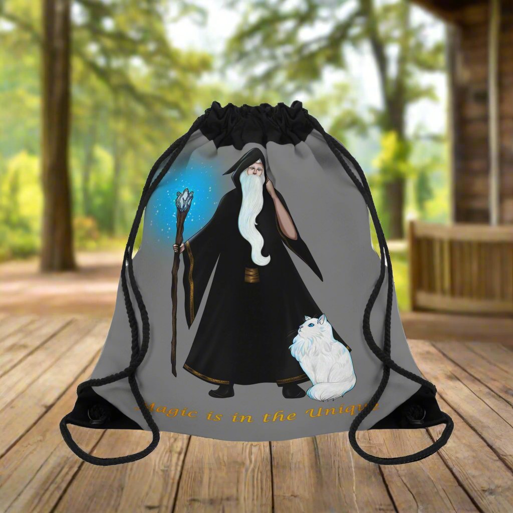 Magic in the Unique Wizard/Cat Familiar Drawstring Bag