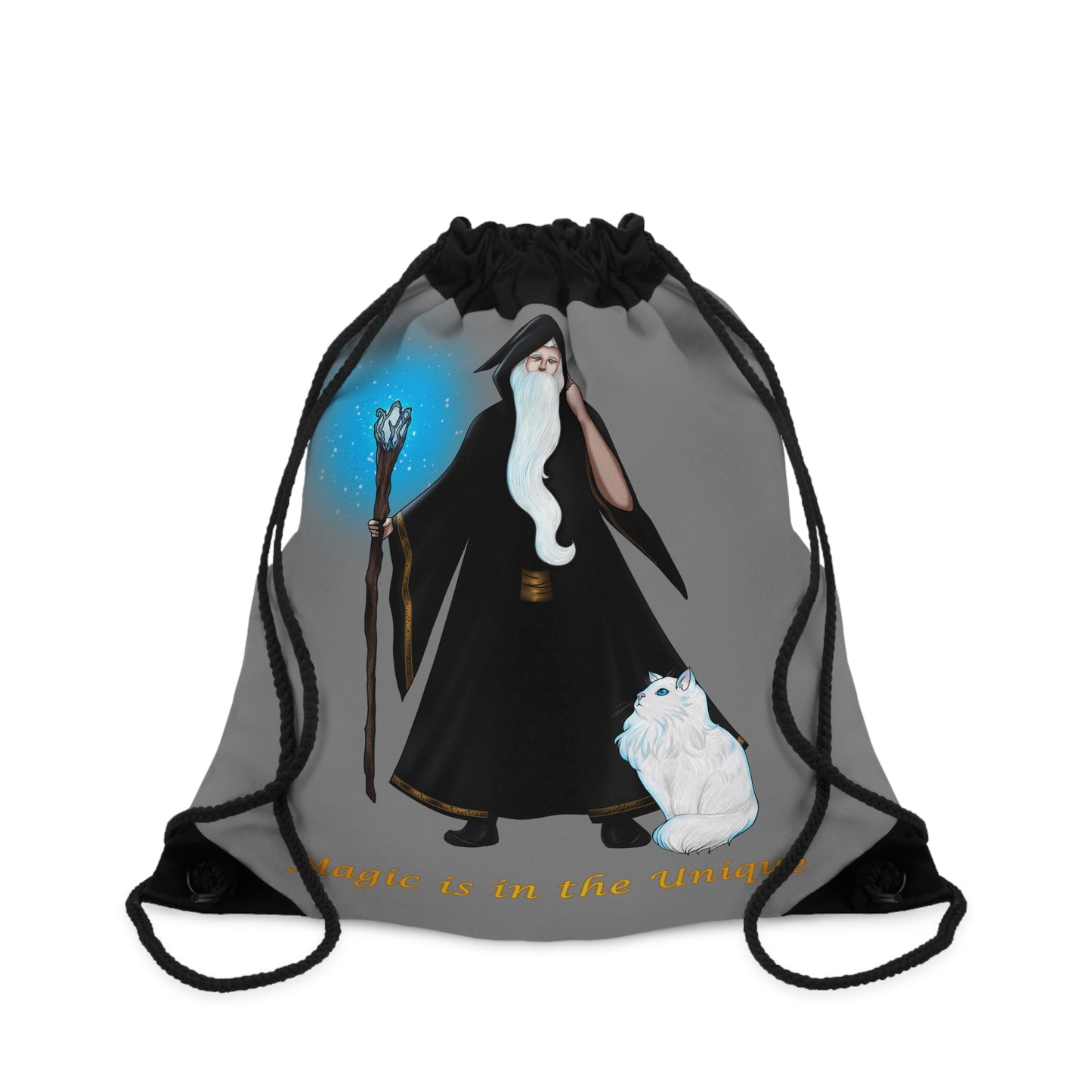 Magic in the Unique Wizard/Cat Familiar Drawstring Bag
