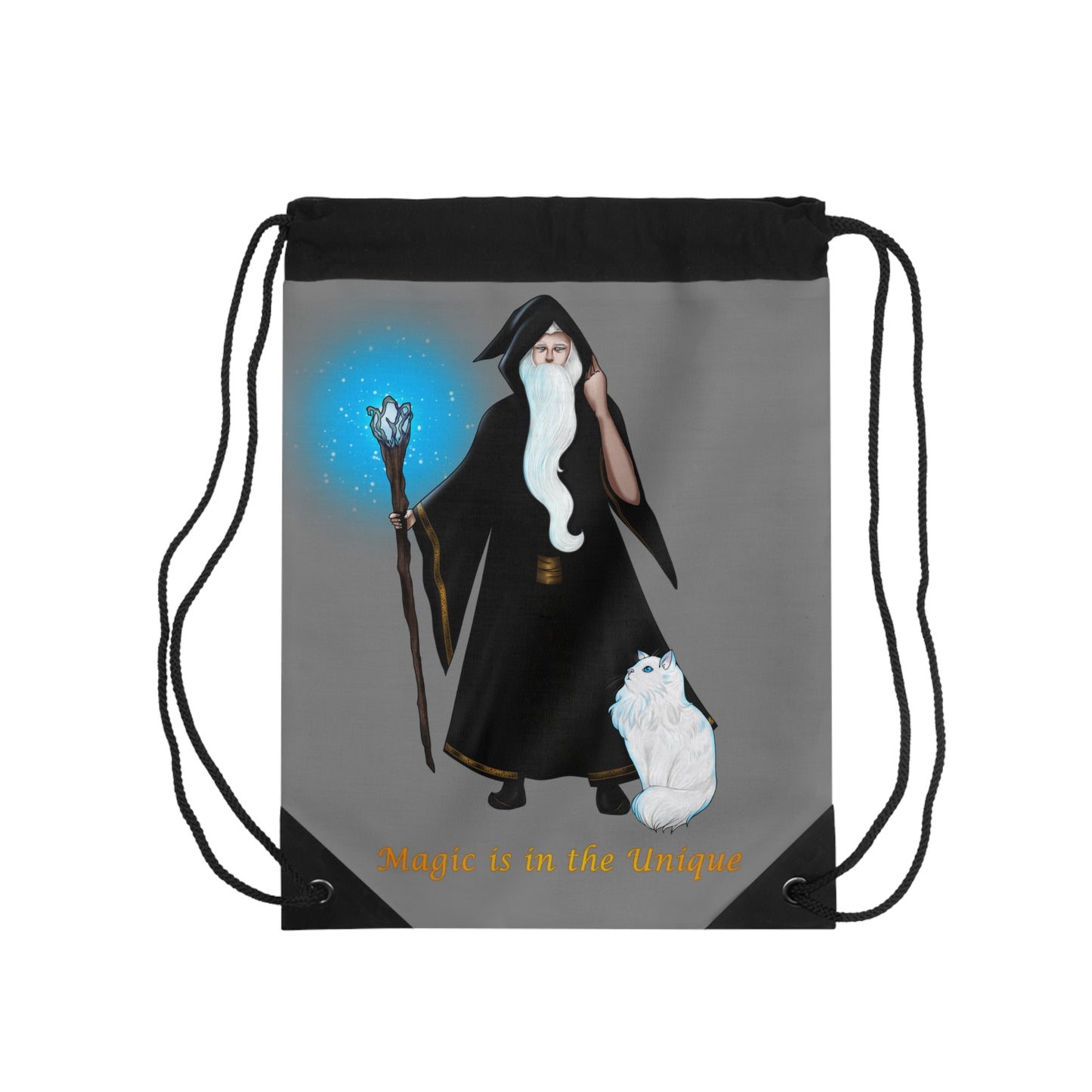 Magic in the Unique Wizard/Cat Familiar Drawstring Bag